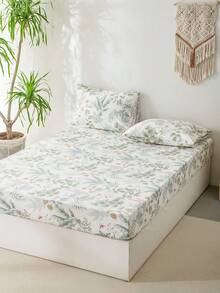 3 件套柔软舒适的白色背景绿色植物和彩色花卉床笠套装，适合卧室装饰 - 彩色 - 查看 2