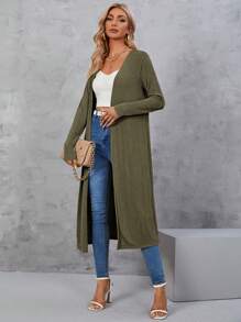 BizChic Áo Cardigan hở phía trước màu trơn thường ngày cho nữ, thích hợp mặc hàng ngày vào mùa thu - xanh quân đội - Xem 1