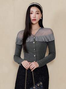 EastFlair 女士撞色网眼拼接褶饰前扣修身衬衫 - 淺灰色 - 查看 7