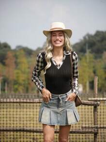 LanaWest Blusa de mujer LanaWest de ajuste regular, casual, a cuadros y con bloques de color, para primavera/otoño