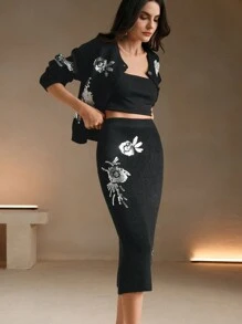 Anewsta 1pc Elegant Embroidered Beaded H-Type Sweater Skirt - Black - View 4