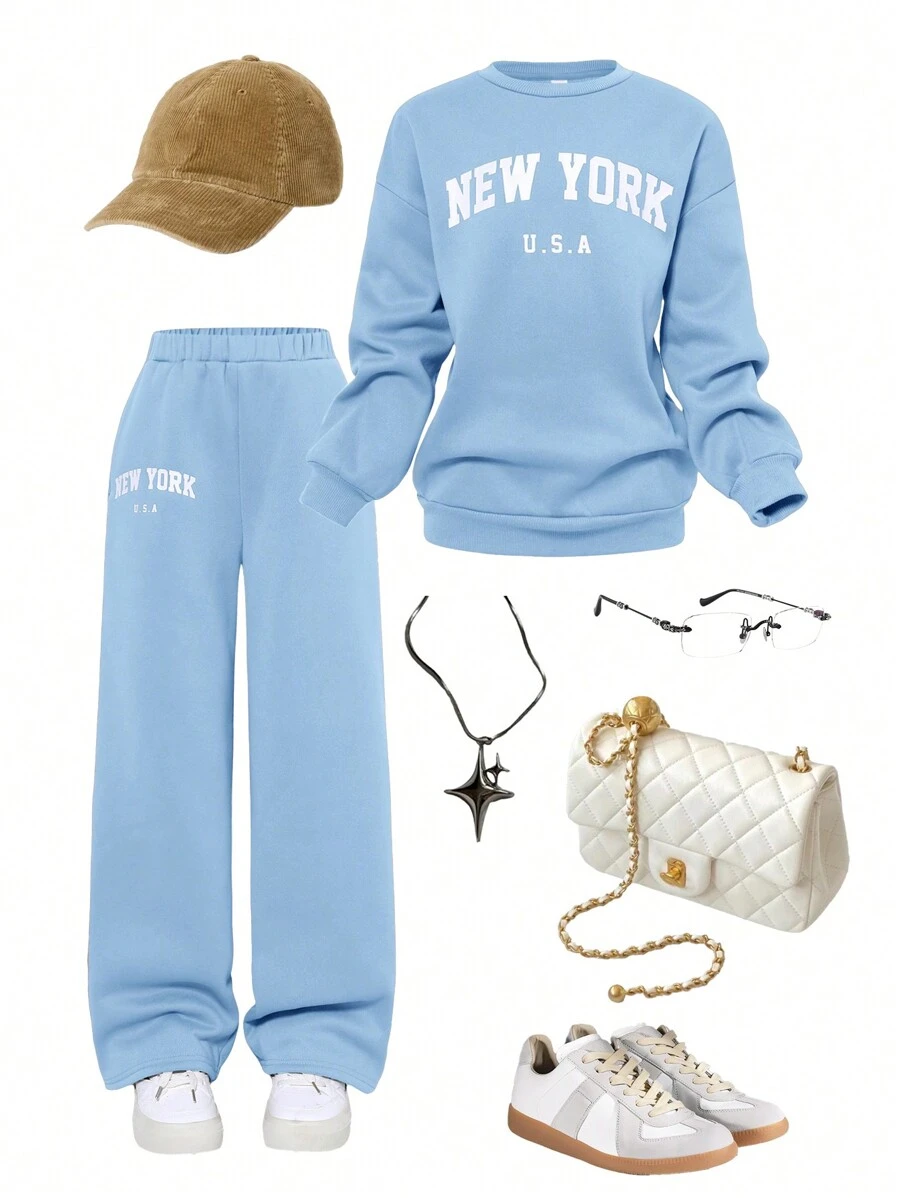 SHEIN Girlism 2 件 Tween 女童休闲字母印花长袖圆领运动衫和运动裤套装 - 淺藍色 - 查看 1