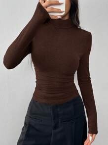 SHEIN EZwear Women Autumn Minimalist Solid Color Ruched Slim Fit T-Shirt - Brown - View 6