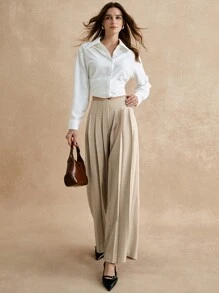 Poéselle Women's Solid Color Pleated Pocket Minimalist Office Pants, Casual Wear