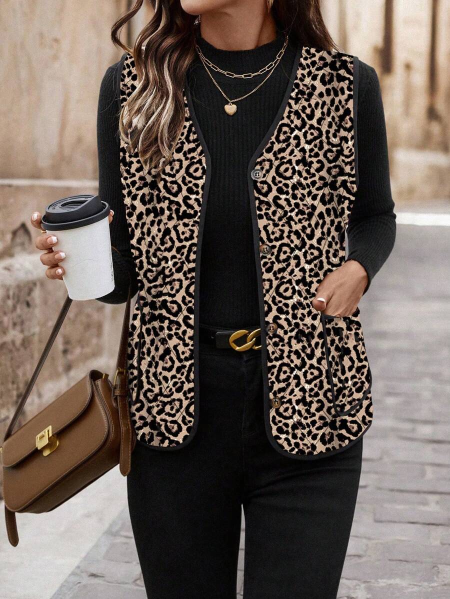 SHEIN Clasi Women's Leopard Print Sleeveless Padded Padded Coat Clothes Winter - Apricot - View 1