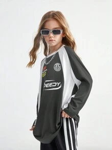 SHEIN Tween 女童秋季学院风街头运动服 Blockcore 足球超大 T 恤，适合返校季 - 灰色 - 查看 3