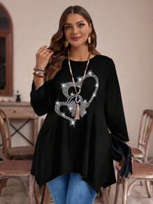 EMERY ROSE Casual Minimalist Allover Heart Print Loose Fit Long Sleeve T-Shirt, Plus Size