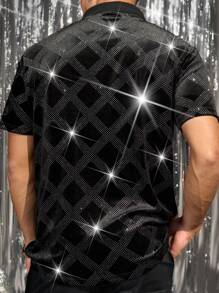 Manfinity VCAY Men Knitted Casual Loose Short Sleeve Rhinestone Decorated Polo Shirt, Fashionable Daily Wear Fashion Collar Shirt, For Boyfriend Gift, Going Out