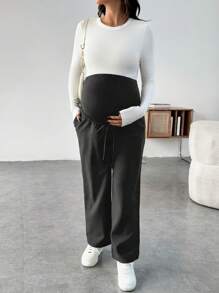 SHEIN Maternity Elegant Commuter Adjustable Waist Pregnancy Pants - Black - View 3