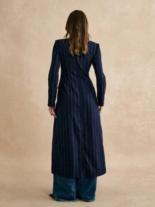 Poéselle 女士西装外套长款西装外套 V 领单排扣海军蓝条纹西装商务办公休闲西装外套优雅条纹单排扣夹克秋冬女装，轻松时尚必备 - 藏蓝色 - 查看 7