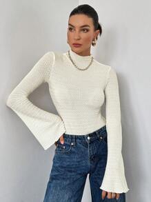 SHEIN Essnce Body femme à manches longues texturé, en tricot, de couleur unie abricot, col montant, avec bord festonné aux manches évasées. Body slim fit à manches longues, décontracté pour un usage quotidien - Nude - Voir 3