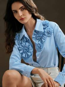Anewsta 1 件女式现代条纹 3D 花卉女式衬衫 - 藍色 - 查看 2