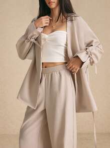 Poéselle Women's Solid Color Long Sleeve Knotted Cuff Open Front Jacket And Pocket Long Pants Casual Suit Set, Autumn/Winter - Khaki - View 1
