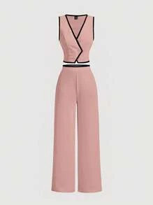 SHEIN MOD Bộ đồ vest hai mảnh họa tiết khối màu cổ điển dành cho nữ, bộ áo khoác blazer, trang phục đầu thu - Màu Hồng baby - Xem 1