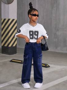 SHEIN Sparklyn Tween Girl Casual Versatile All-Match Loose Wide Leg Washed Denim Cargo Pants Summer Holiday - Dark Wash - View 3