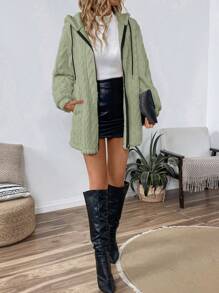 SHEIN LUNE Áo khoác hoodie lót lông màu trơn đơn giản cho nữ, ấm áp & thoải mái, mùa thu/đông - Màu xanh Bạc hà - Xem 6