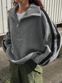 FRIFUL Suéter casual de manga larga con cremallera frontal y empalme de unicolor para mujer, ropa de otoño