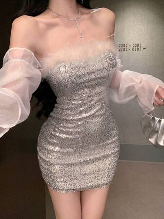 DAZY 亮片网纱撞色露肩泡泡袖迷你鸡尾酒礼服，新年舞会派对女士礼服，秋季返校节礼服长袖连衣裙奢华亮片性感连衣裙