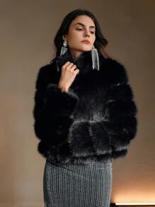 Anewsta Women's Autumn And Winter Casual Elegant Elegant Stand Collar Furry Jacket - Black - View 4