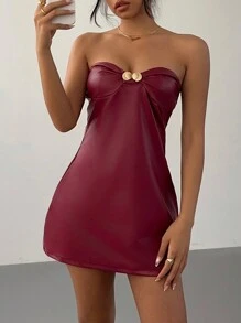 Aloruh Sexy Mode Damen Bandeau-Top Shell mit dekorativem Metallschnallenverschluss, Kunstleder Mini Kleid