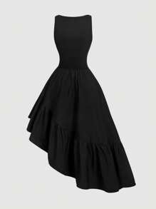 SHEIN MOD Plus Size Women Black Double Layer Detachable Hem Dress For Women,Black Prom Dress,Formal Dress,Fall Women Dresses,Cruise Women Outfits, Dress,Homecoming Dresses,Princess Women Dress,Renaissance Dress,Vintage Dress,Black Elegant Dress - Black - View 4
