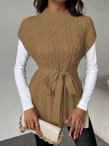 SHEIN Clasi Casual Everyday Cable Knit Vest With Slit, Autumn/Winter - Khaki - View 4