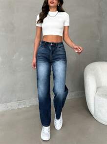 SHEIN Cottnline HIGH RISE STRAIGHT LEG BLUE JEANS - Medium Wash - View 4