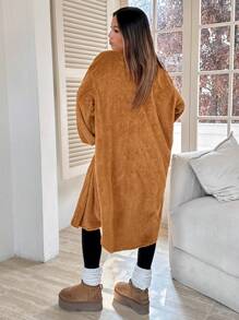 Abrigo de franela con bolsillo con solapa y hombros caídos para otoño/invierno - Marrón - Ver 3