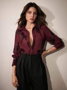 Anewsta 法式优雅玫瑰串珠刺绣透明女式衬衫 - 中紫紅色 - 查看 4