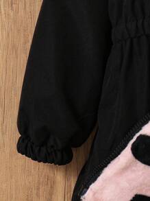 SHEIN Young Girl Reversible Heart & Graphic Pattern Fleece Cinched Waist Zip Up Hooded Jacket, Winter - Pink - View 6