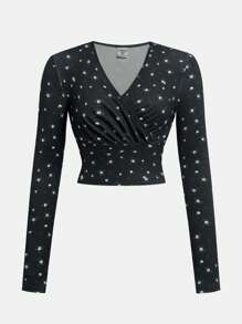 Girlism Elegant, Cute, Casual BM School Back Ditsy Floral Ruched Neck Slim Fit Long Sleeve T-Shirt, Black & Blue Floral, Versatile Base Layer For Teens In Autumn/Winter