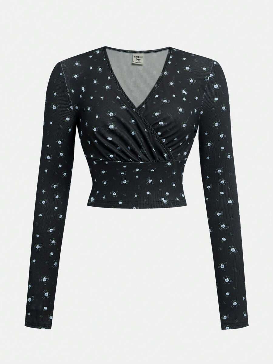 Girlism Elegant, Cute, Casual BM School Back Ditsy Floral Ruched Neck Slim Fit Long Sleeve T-Shirt, Black & Blue Floral, Versatile Base Layer For Teens In Autumn/Winter