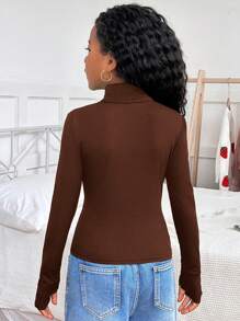 SHEIN Tween Girls Casual Solid Color Round Neck Long Sleeve Fitted Sweater - Brown - View 2