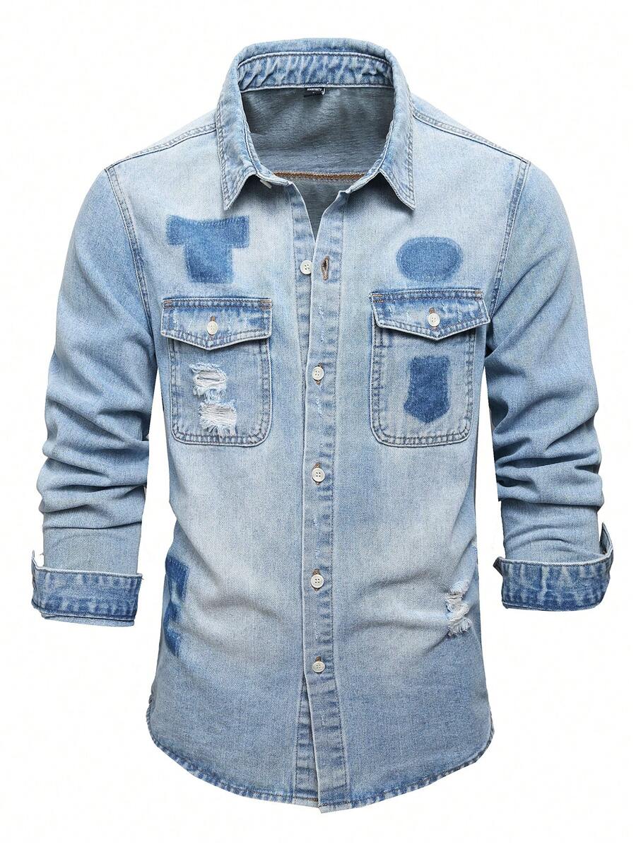 Manfinity Homme 男士休闲撞色破洞口袋牛仔长袖夹克