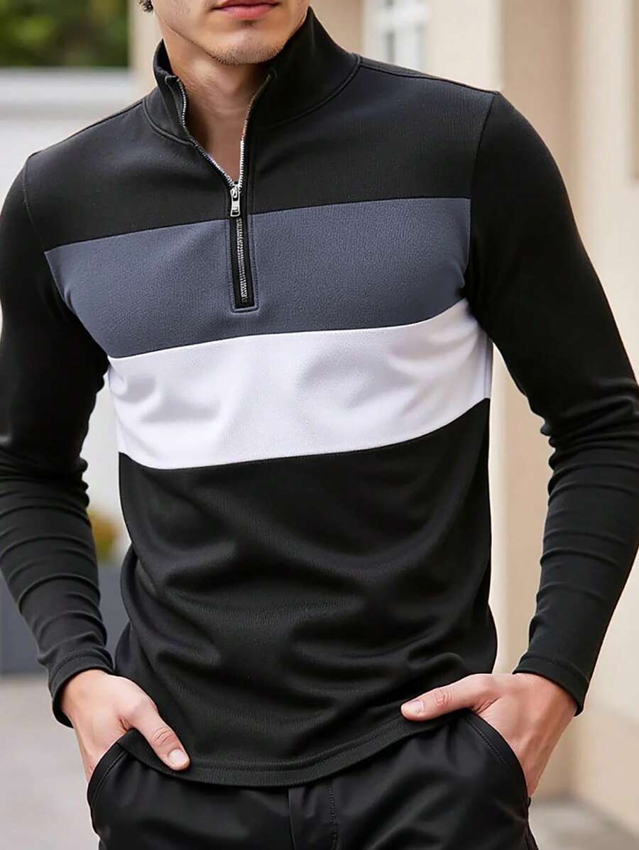 Manfinity Homme Herren Große Größen Kontrast Farbe Langarm Reißverschluss Poloshirt, Lässig Herbst, für Ausgehen