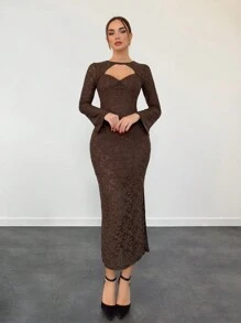 Aloruh Women's Elegant Long Sleeve Midi Dress, Vintage Lace V-Neck Fitted Cocktail Party Dress, Chocolate Brown Color