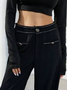 Aveloria Modichic Black High-Waisted Thick Tweed Wide Leg Casual Loose Pants For Women With Contrasting Floral Lace Design Fall Cloth For Women