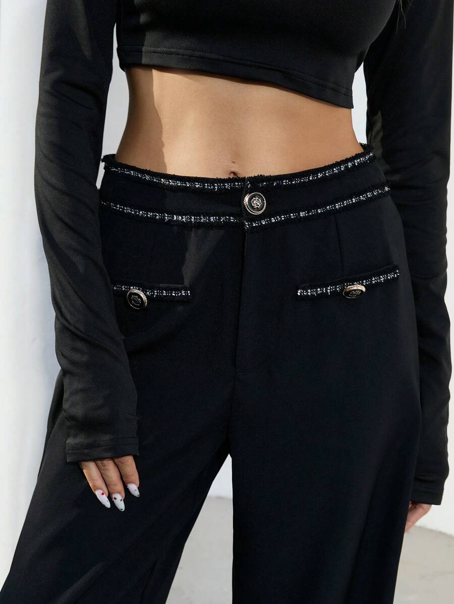 Aveloria Modichic Black High-Waisted Thick Tweed Wide Leg Casual Loose Pants For Women With Contrasting Floral Lace Design Fall Cloth For Women