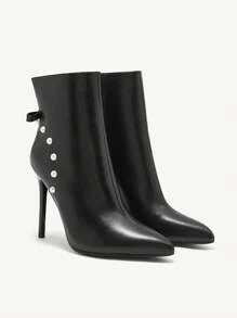 CUCCOO CHICEST Sepatu Bot Ankle Hak Tinggi Elegan Wanita dengan Ujung Lancip dan Hiasan Mutiara serta Pita - Hitam - View 3