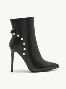 CUCCOO CHICEST Sepatu Bot Ankle Hak Tinggi Elegan Wanita dengan Ujung Lancip dan Hiasan Mutiara serta Pita - Hitam - View 1
