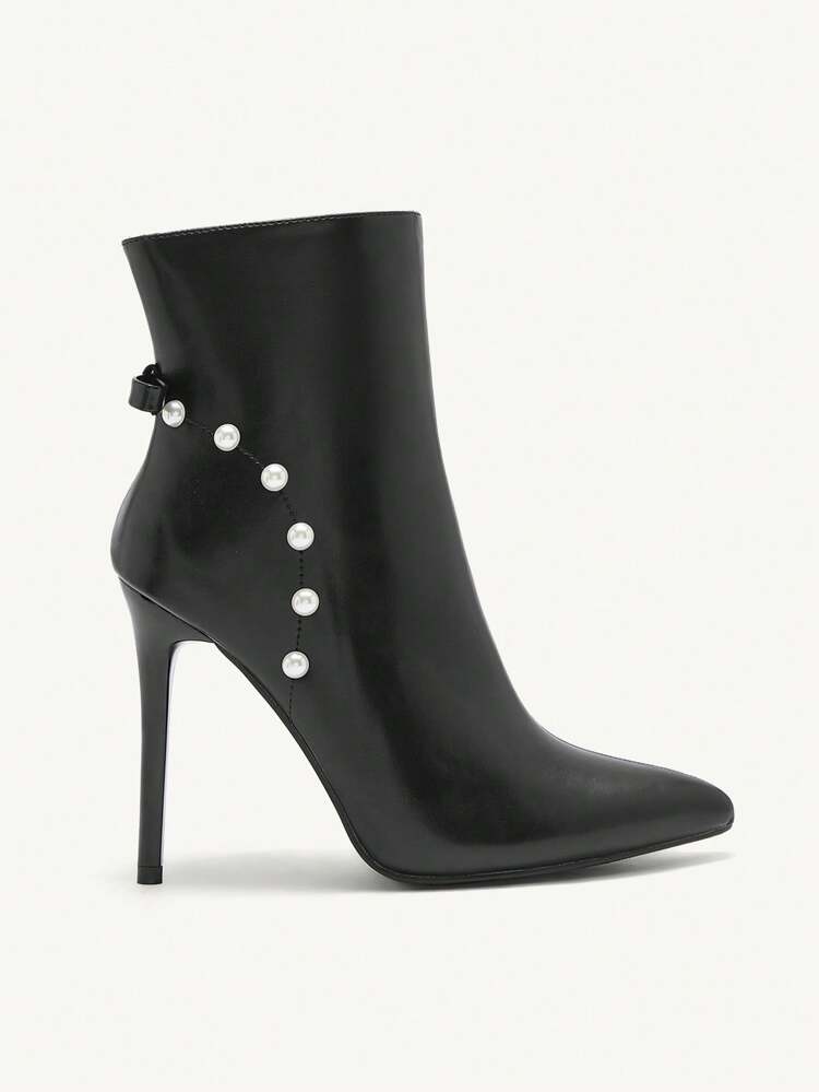 CUCCOO CHICEST Women's Pointed Toe Pearl Decor Bow Elegant High Heel Ankle Boots