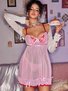 2pcs/Set Pink Mesh Lace Sexy Nightgown With Underwire - Nightgown + G-String - Pink - View 7