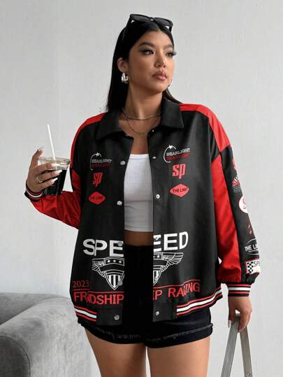 POPSWAY Plus Size Women Casual Contrast Color Button Down Racer Jacket For Autumn For New Year Clothes Winter Fall