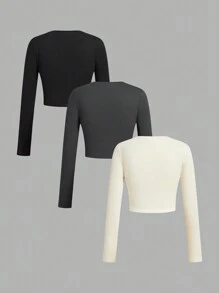 SHEIN Áo thun ba mảnh cổ tròn bó sát ngắn tay giữ nhiệt dày ấm áp cho bé gái tuổi mới lớn phù hợp cho mùa thu đông - Nhiều màu - Xem 2