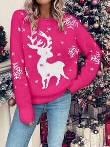 SHEIN LUNE 女士休闲驯鹿和雪花印花长袖毛衣 - 玫紅色 - 查看 3