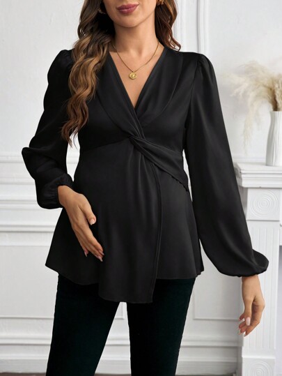 SHEIN Elegant Maternity Commuter Solid Color Twist Lantern Sleeve Shirt