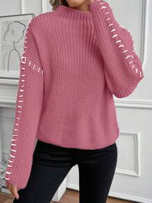 SHEIN LUNE New Arrival Autumn/Winter Funnel Neck Loose Casual Long Sleeve Sweater Knit Pullover Fall - Rusty Rose - View 4