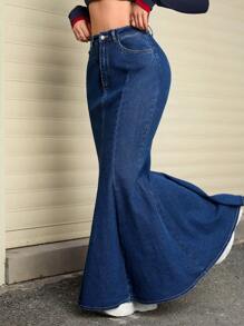 SHEIN EZwear Women Casual Fashionable All-Match Denim Skirt With Fishtail Hem, Autumn
