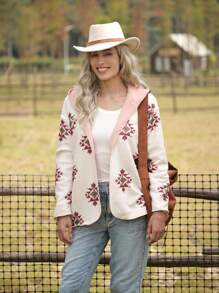 LanaWest 1 件女式前开连帽泰迪熊印花双面侧袋常规外套夹克 - 彩色 - 查看 3