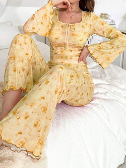 Floral Print Ruched Flared Long Sleeve Top & Pants Pajama Set For Women Holiday Season, Fall Clothes